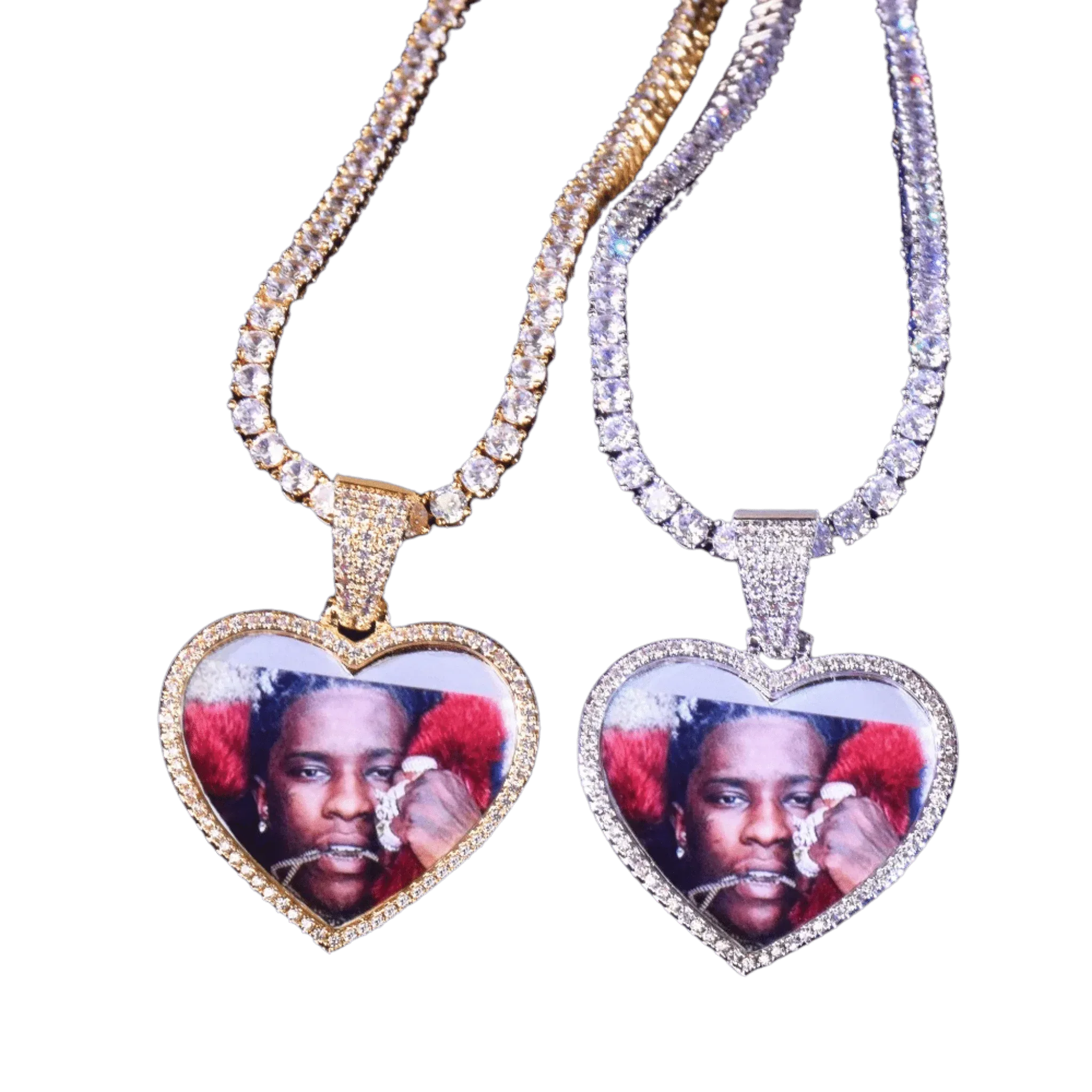 Heart Tennis Bail Solid Back Custom Photo Pendant Necklace – Iced Out Hip Hop Jewelry - CaratixJewelry